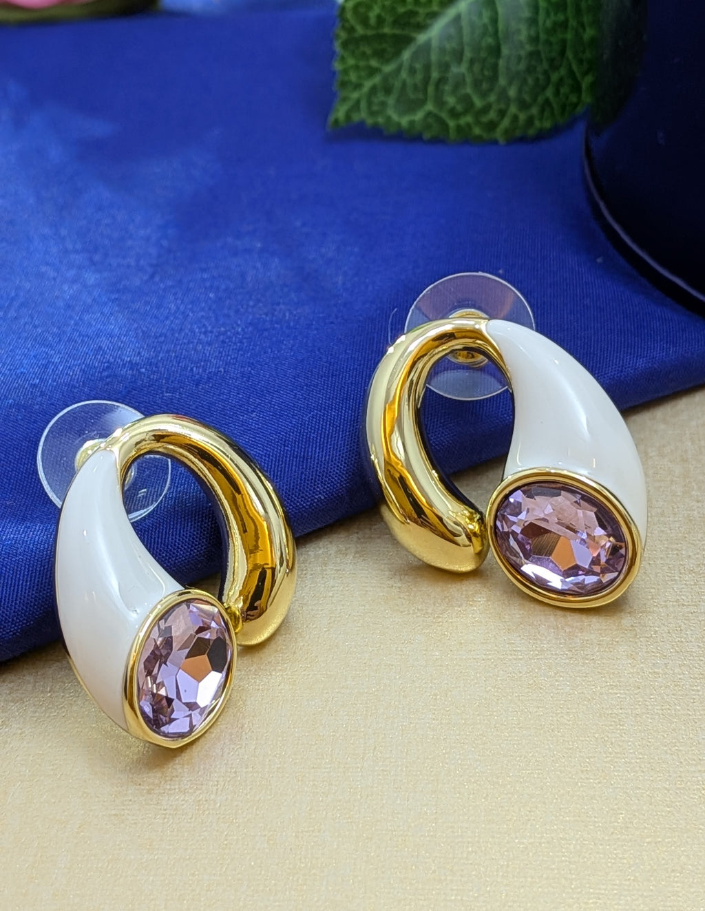 Luna Lilac Enamel Studs – ivory enamel hoops with lavender crystal