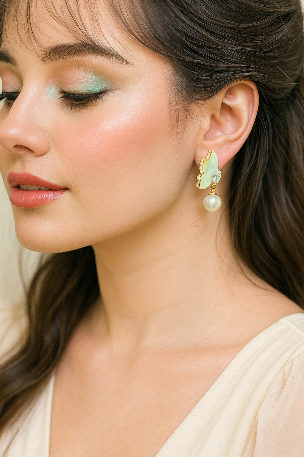 Iridescent Flutter Pearl Drops – enamel butterfly wings with pearl drop