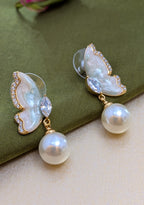 Iridescent Flutter Pearl Drops – enamel butterfly wings with pearl drop