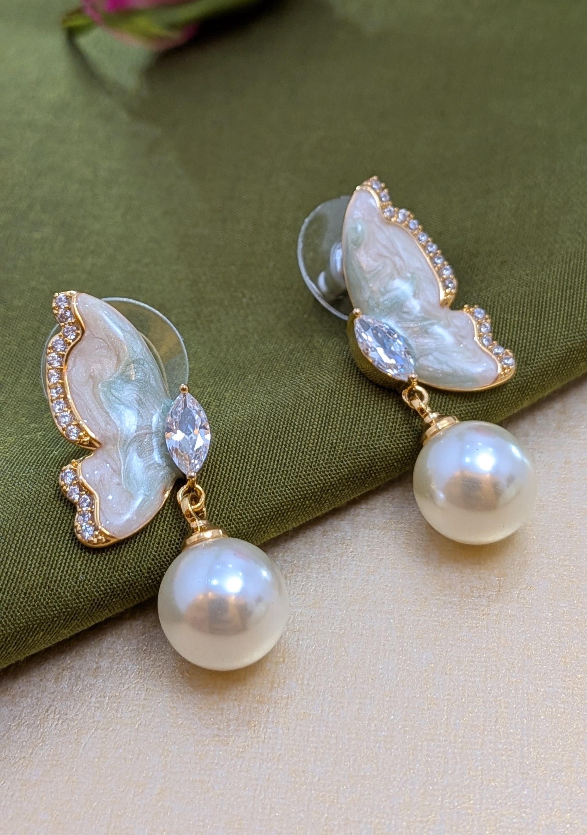Iridescent Flutter Pearl Drops – enamel butterfly wings with pearl drop