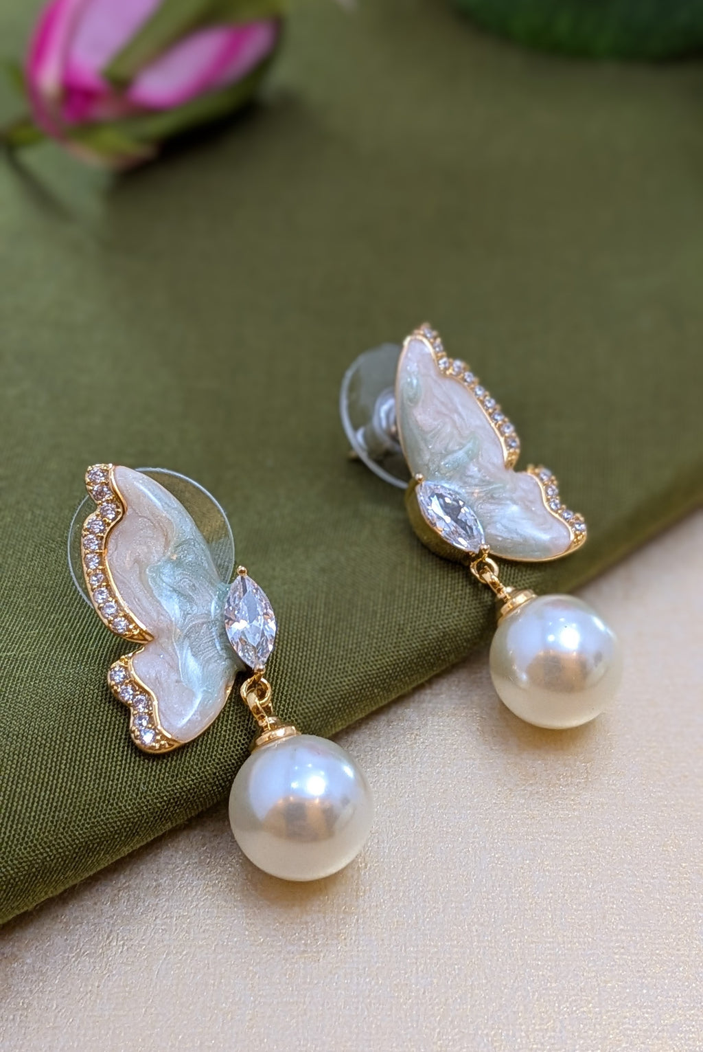Iridescent Flutter Pearl Drops – enamel butterfly wings with pearl drop