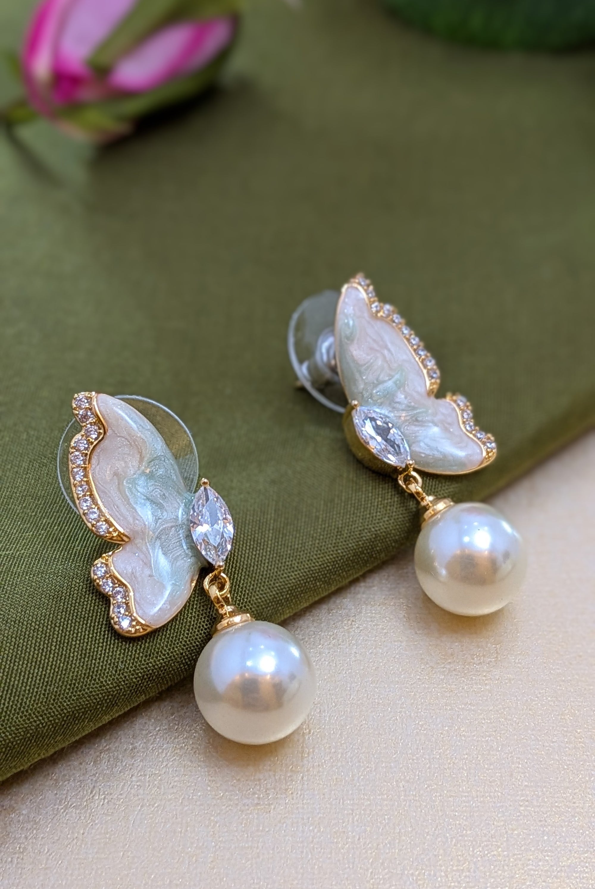 Iridescent Flutter Pearl Drops – enamel butterfly wings with pearl drop