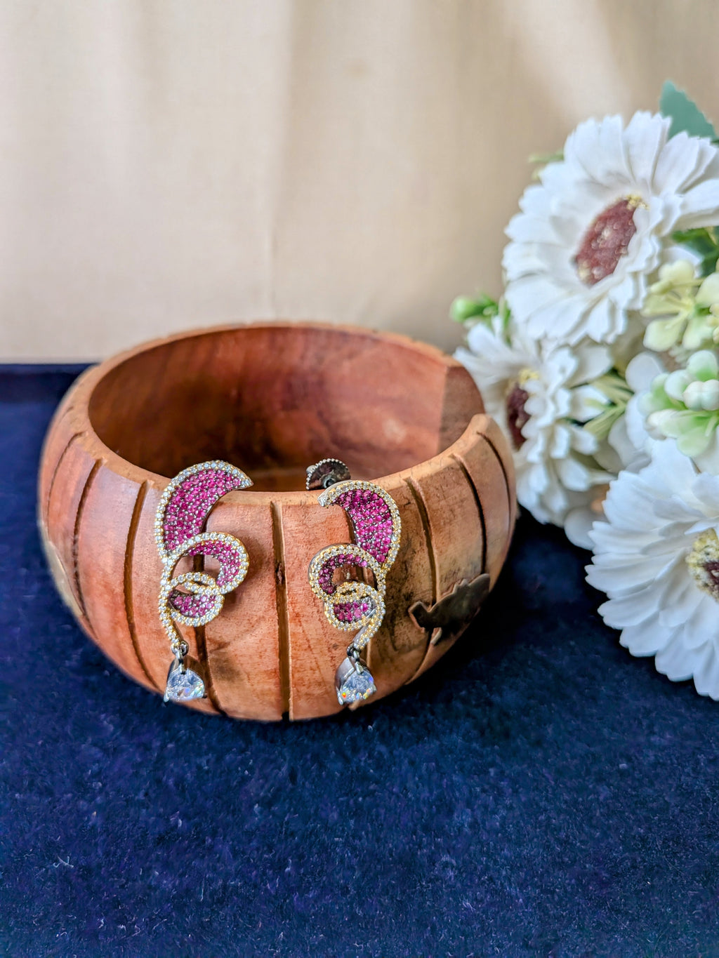 Rust Flame Swirl Drops – fiery swirl earrings with orange pavé and teardrop crystal