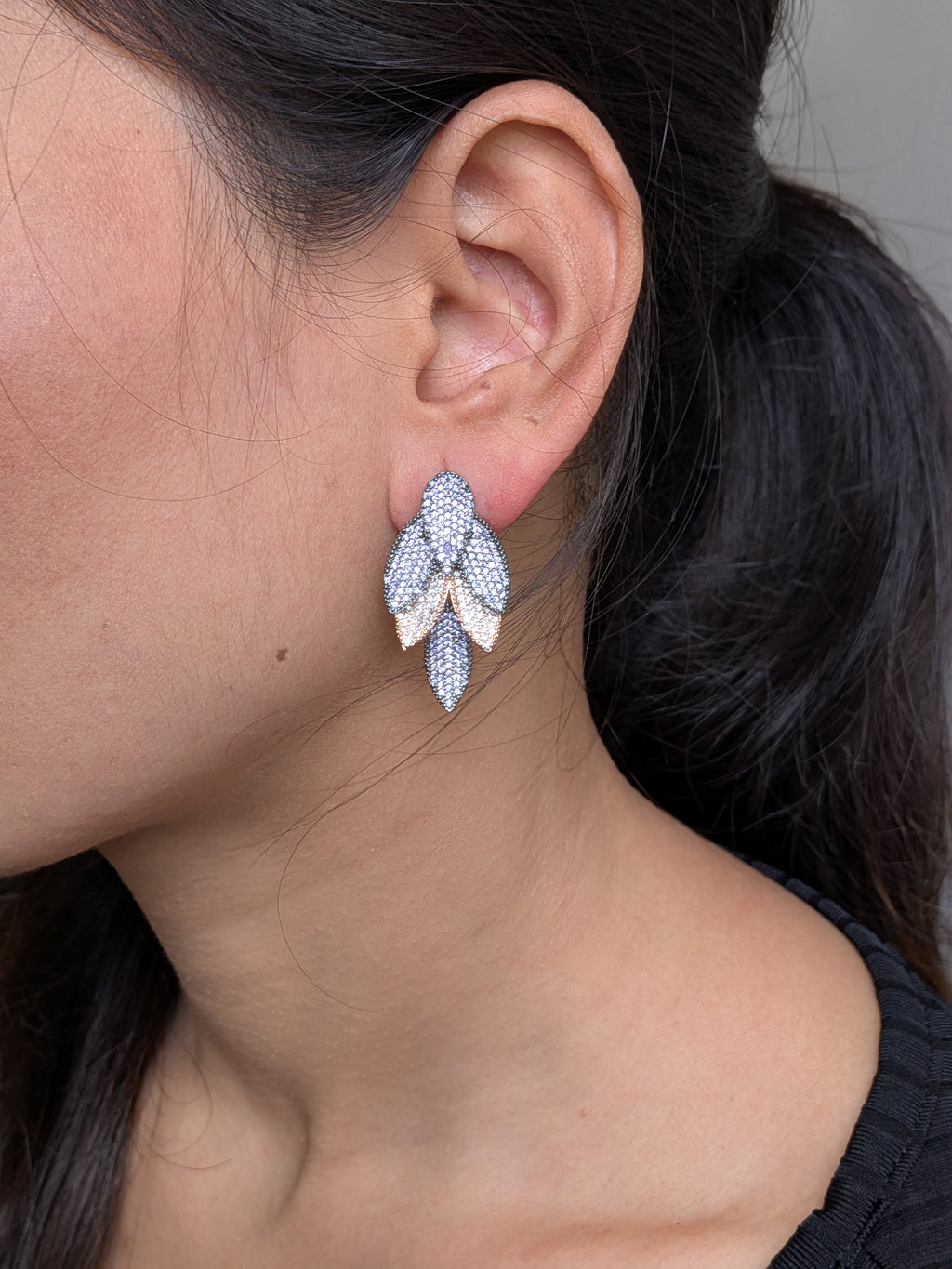 Rosélure Pavé Leaf Earrings – cascading leaf earrings with pink and ruby pavé