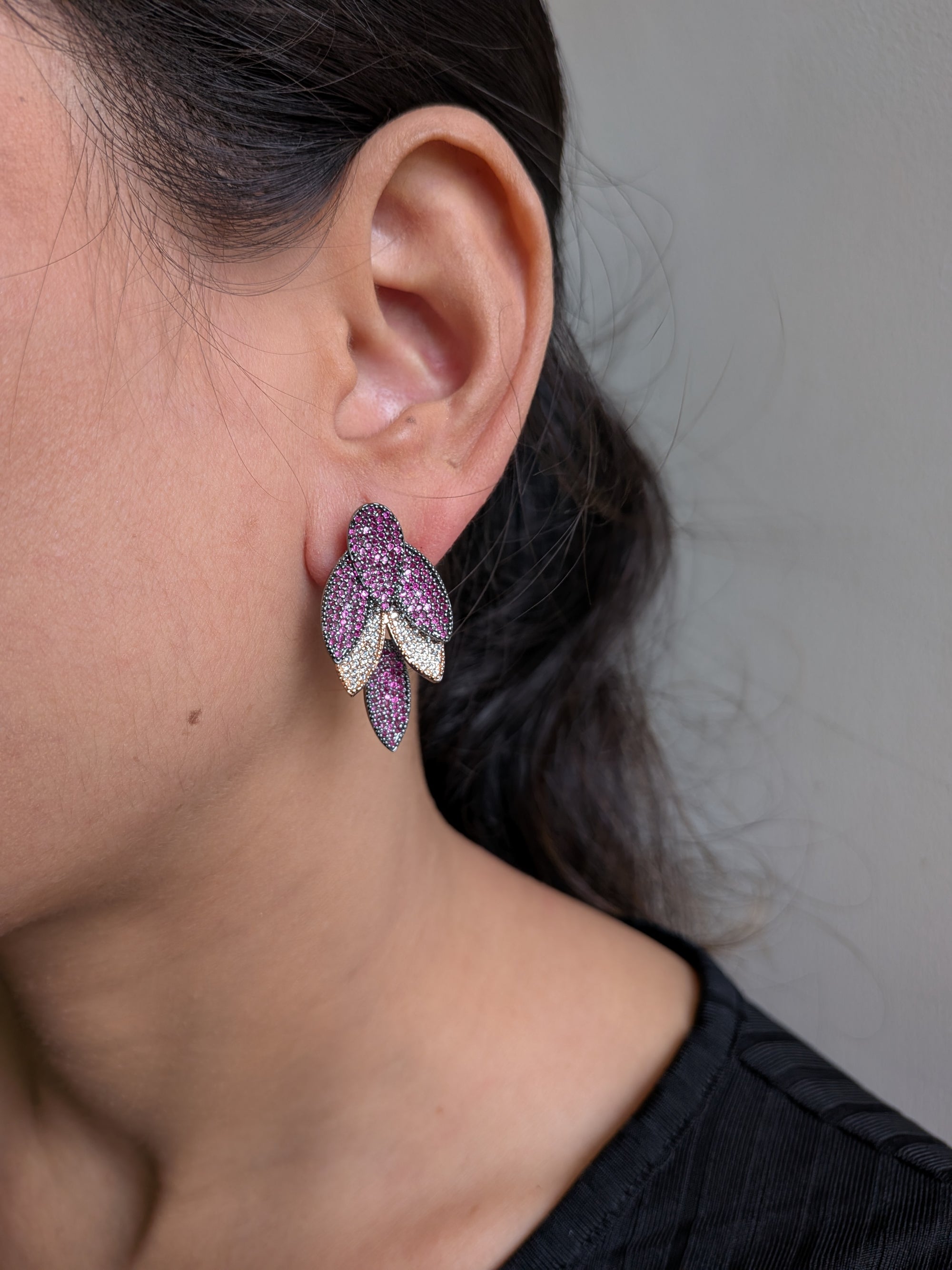 Rosélure Pavé Leaf Earrings – cascading leaf earrings with pink and ruby pavé