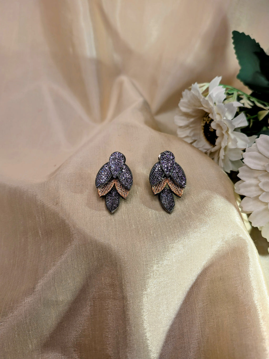 Rosélure Pavé Leaf Earrings – cascading leaf earrings with pink and ruby pavé