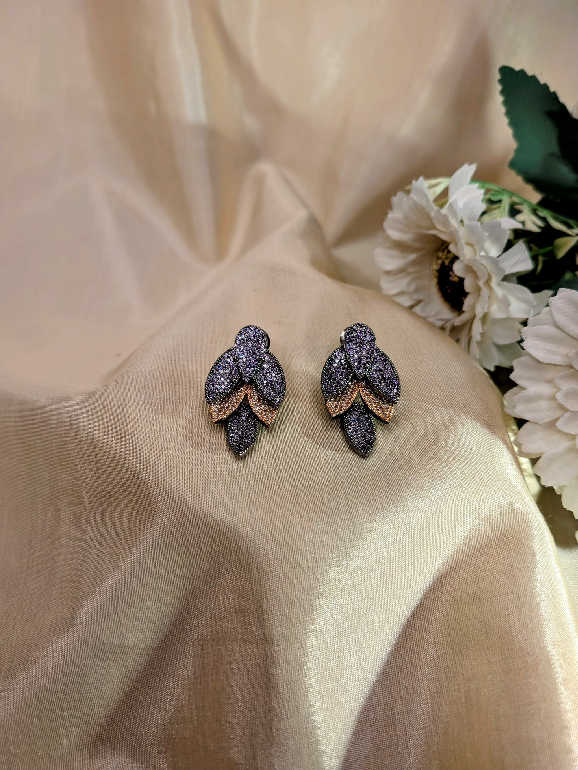 Rosélure Pavé Leaf Earrings – cascading leaf earrings with pink and ruby pavé