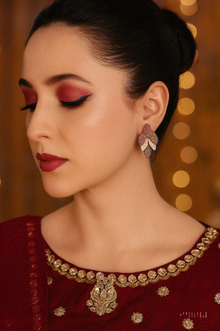 Rosélure Pavé Leaf Earrings – cascading leaf earrings with pink and ruby pavé