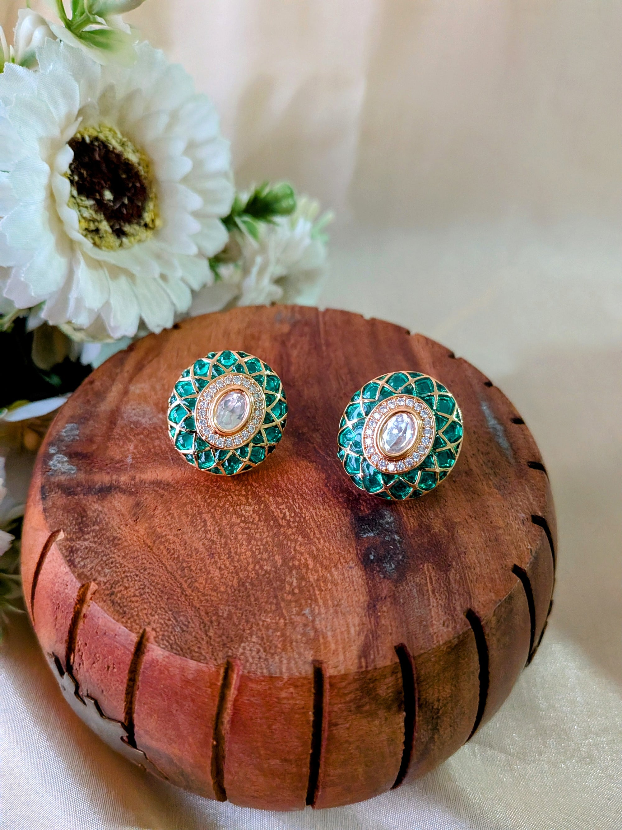 Ziva Meenakari Studs – green enamel lattice with kundan centre