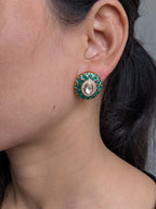 Ziva Meenakari Studs – green enamel lattice with kundan centre