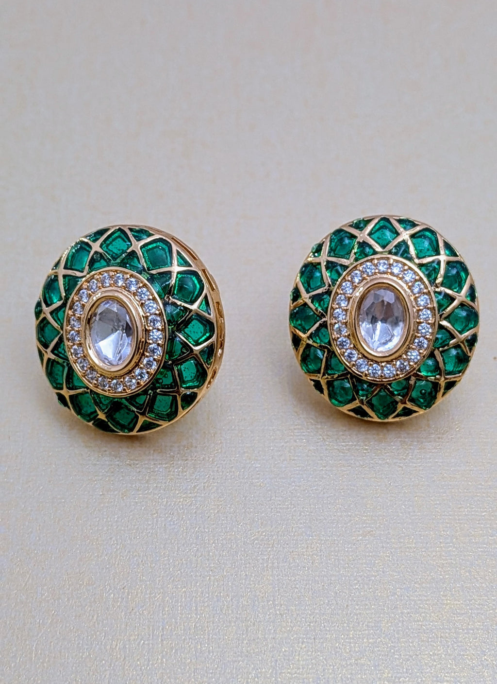 Ziva Meenakari Studs – green enamel lattice with kundan centre