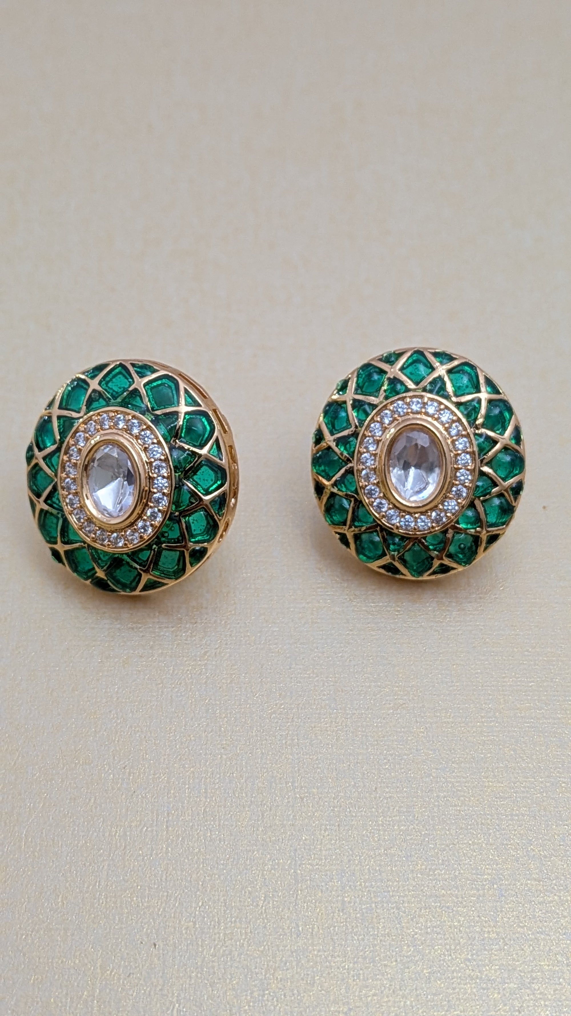 Ziva Meenakari Studs – green enamel lattice with kundan centre