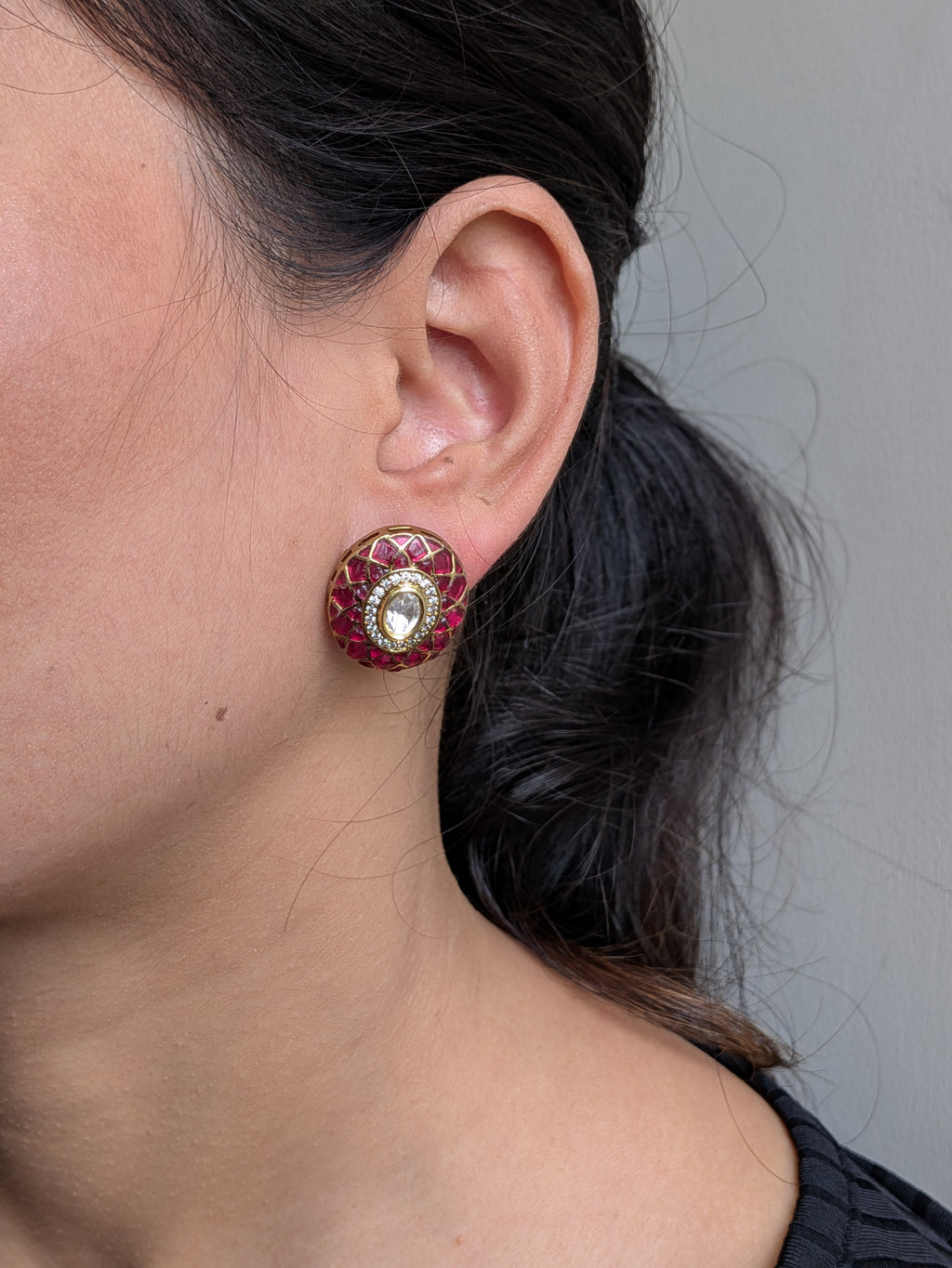 Ziva Meenakari Studs – green enamel lattice with kundan centre