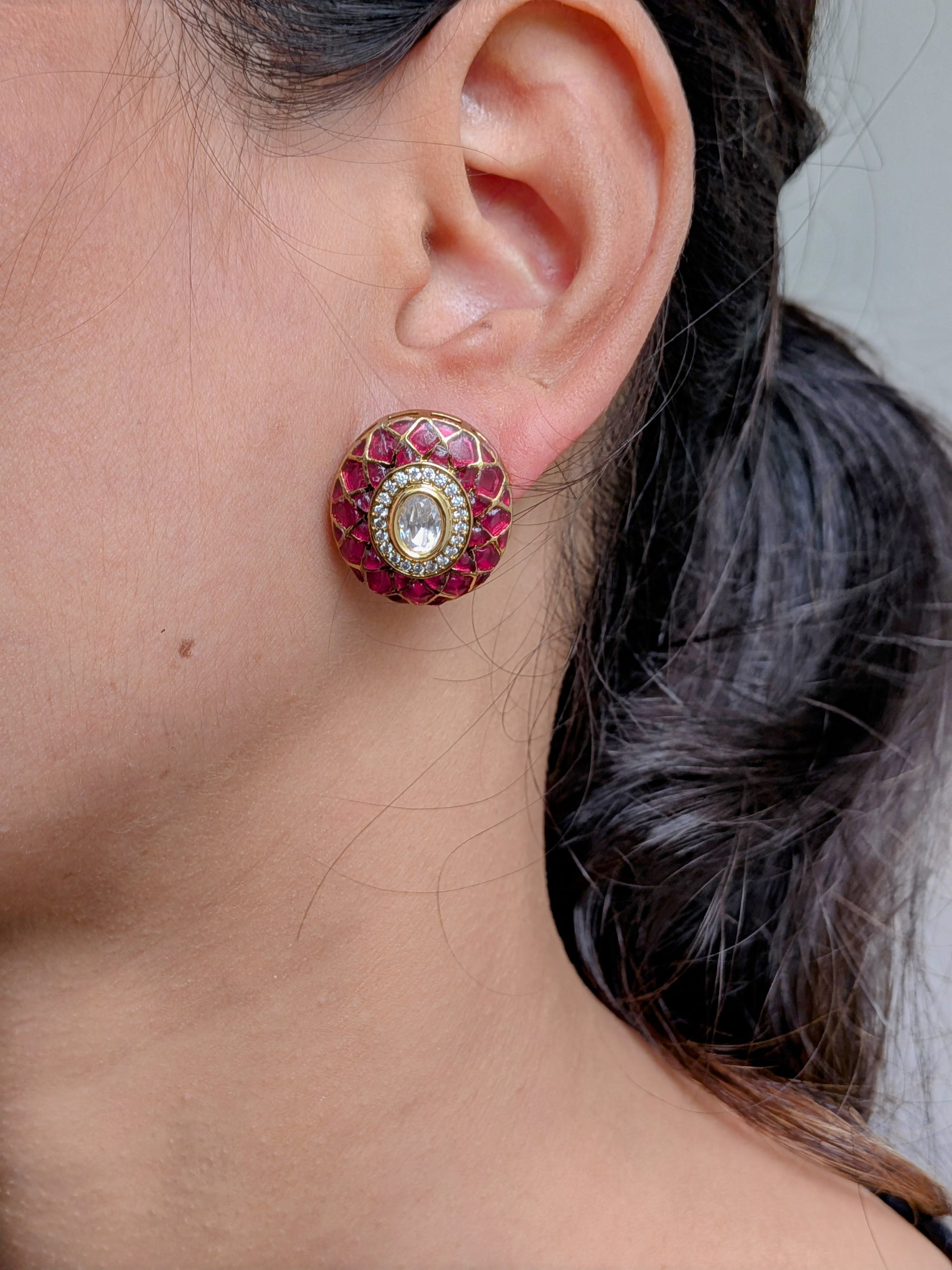 Ziva Meenakari Studs – green enamel lattice with kundan centre