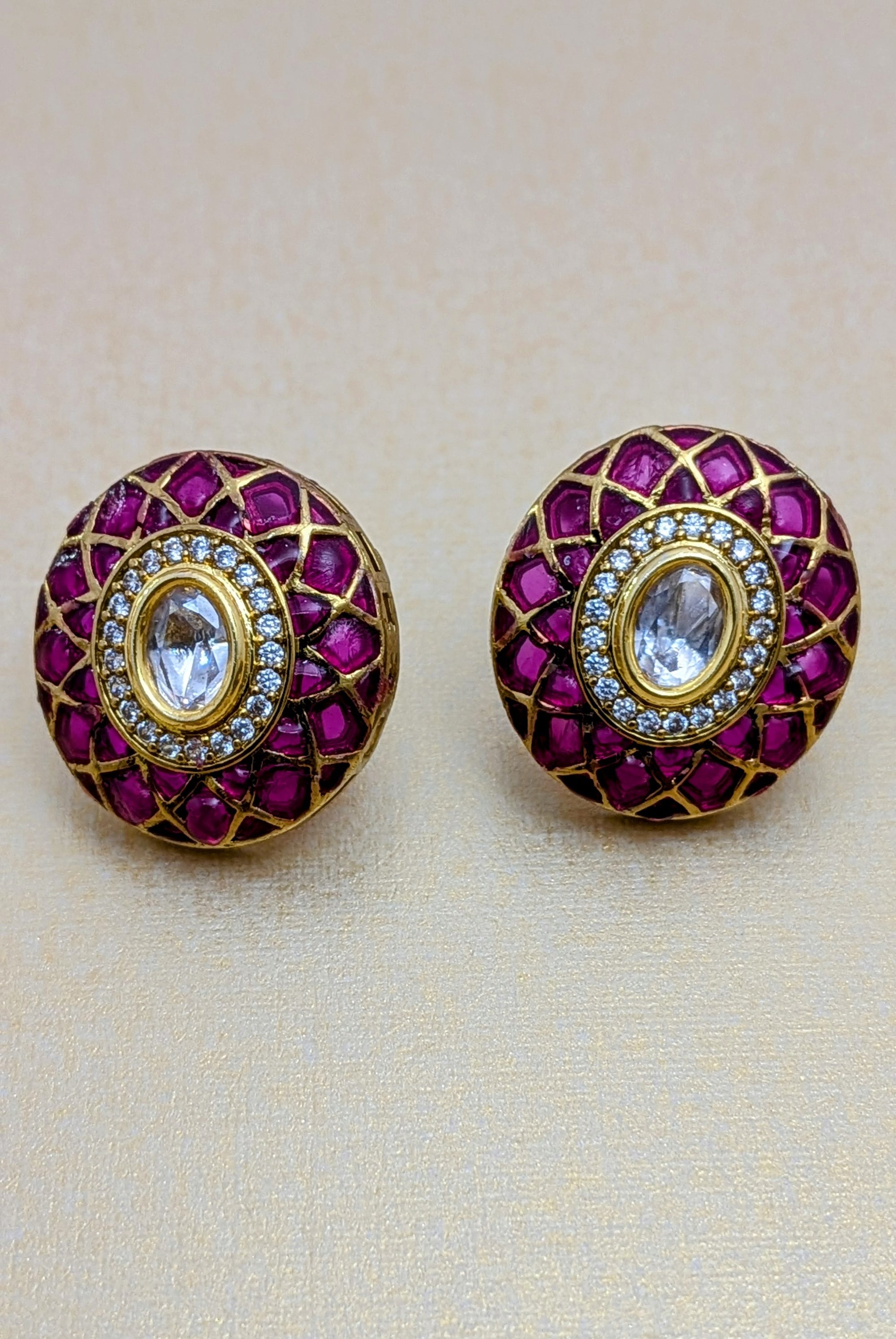 Ziva Meenakari Studs – green enamel lattice with kundan centre