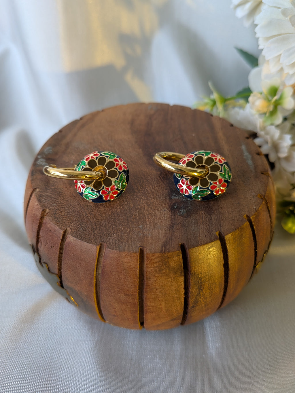 Phoolkari Meena Hoop Earrings – hand-enameled floral motifs on gold-tone hoops
