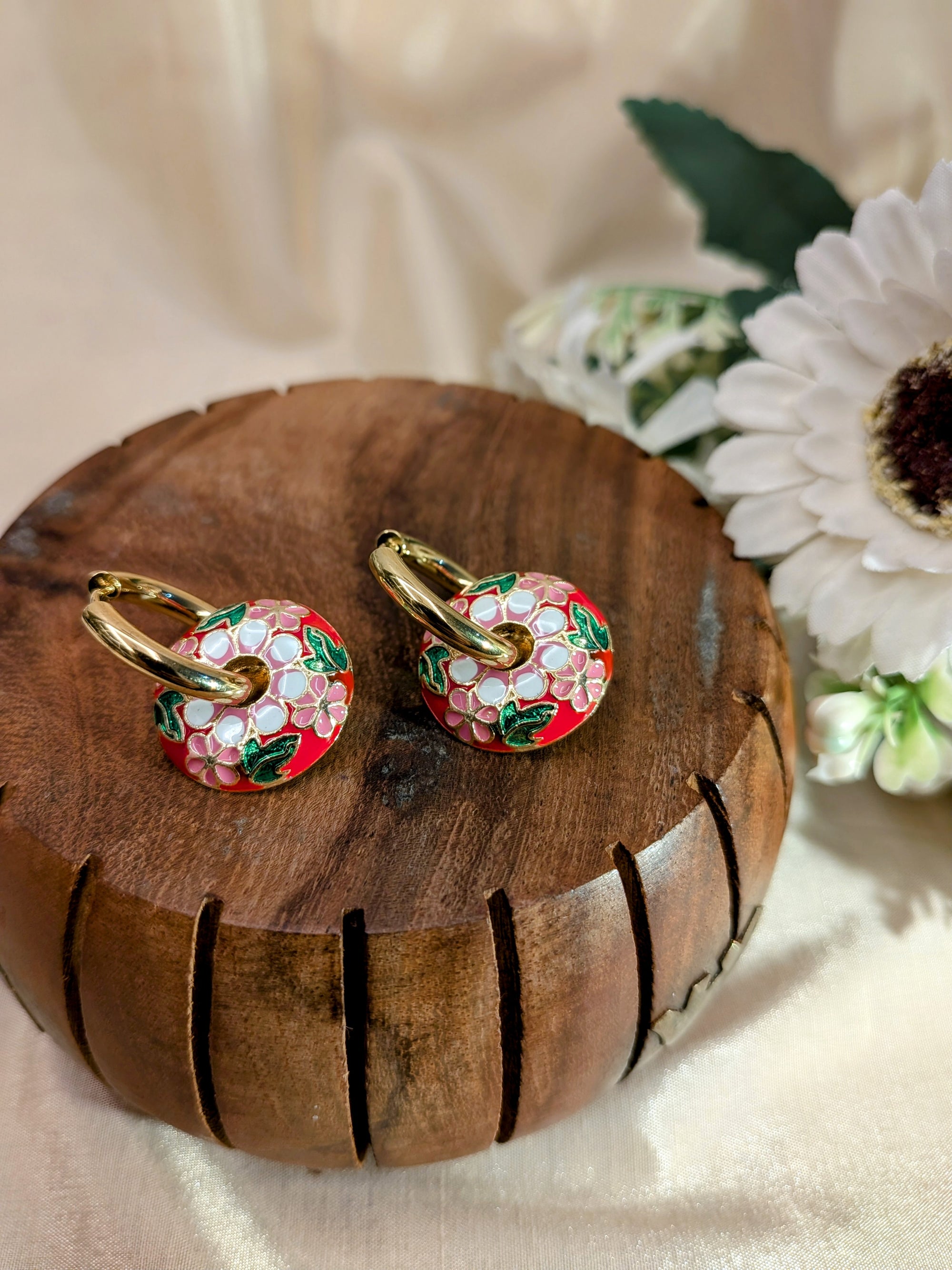 Phoolkari Meena Hoop Earrings – hand-enameled floral motifs on gold-tone hoops