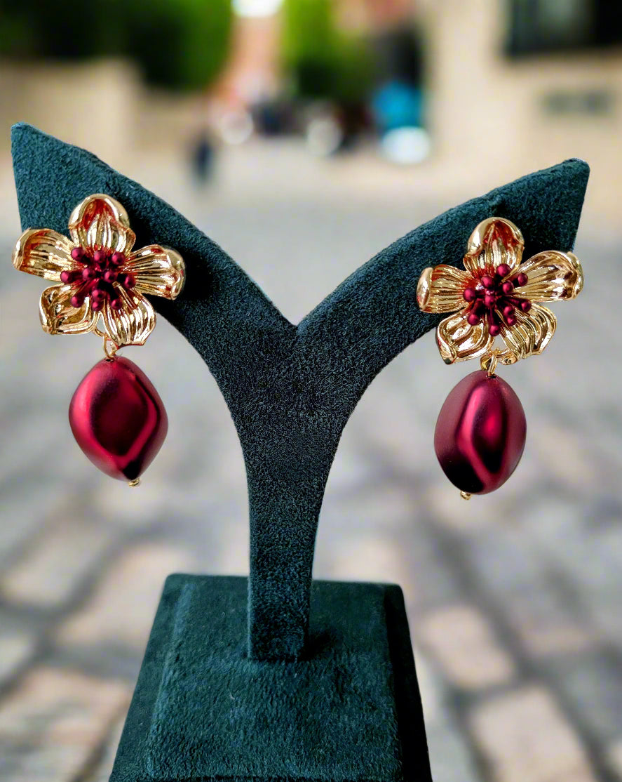 BloomBerry Drop Earrings – gold floral earrings with rich berry-tone matte drops