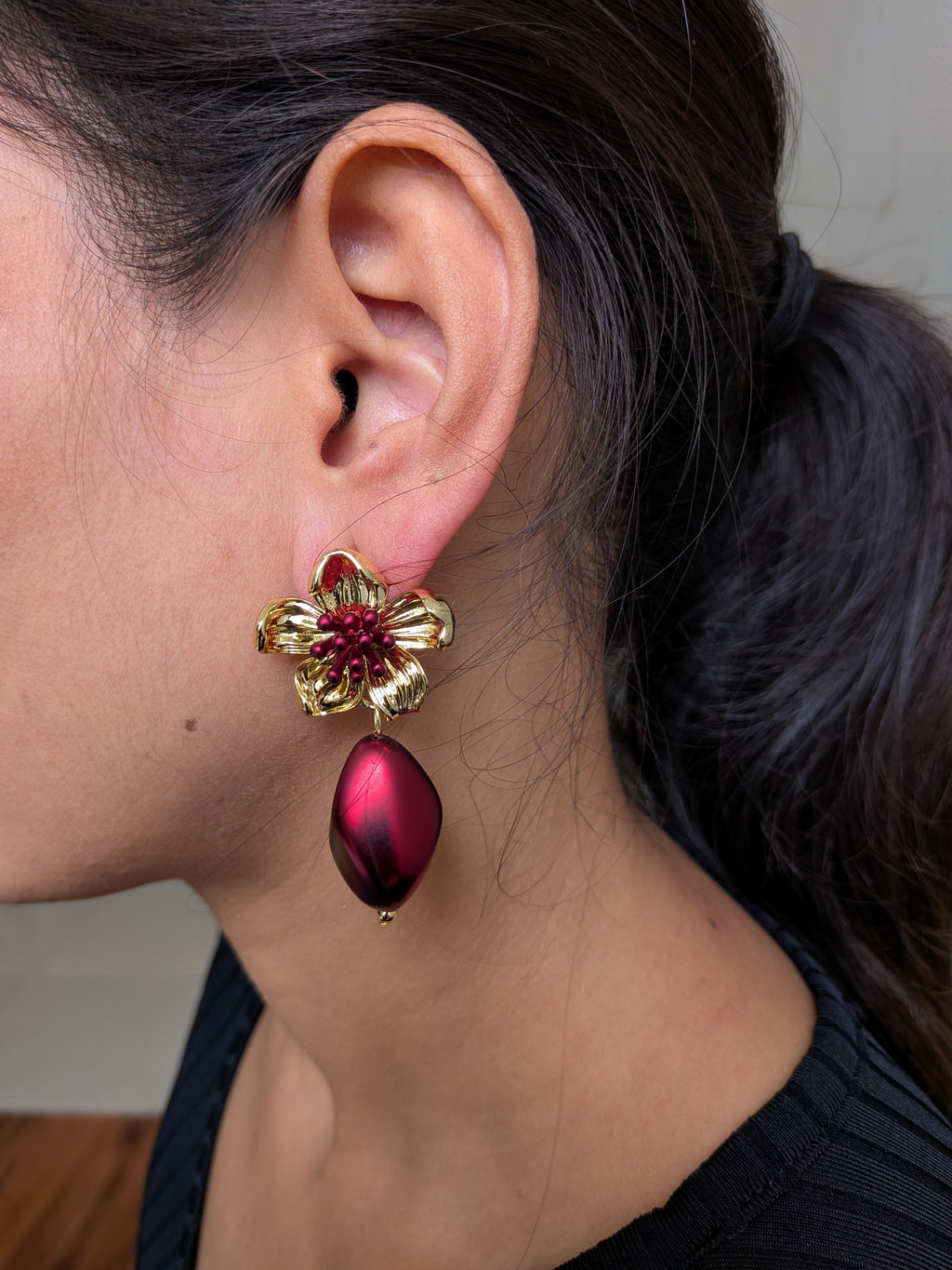 BloomBerry Drop Earrings – gold floral earrings with rich berry-tone matte drops