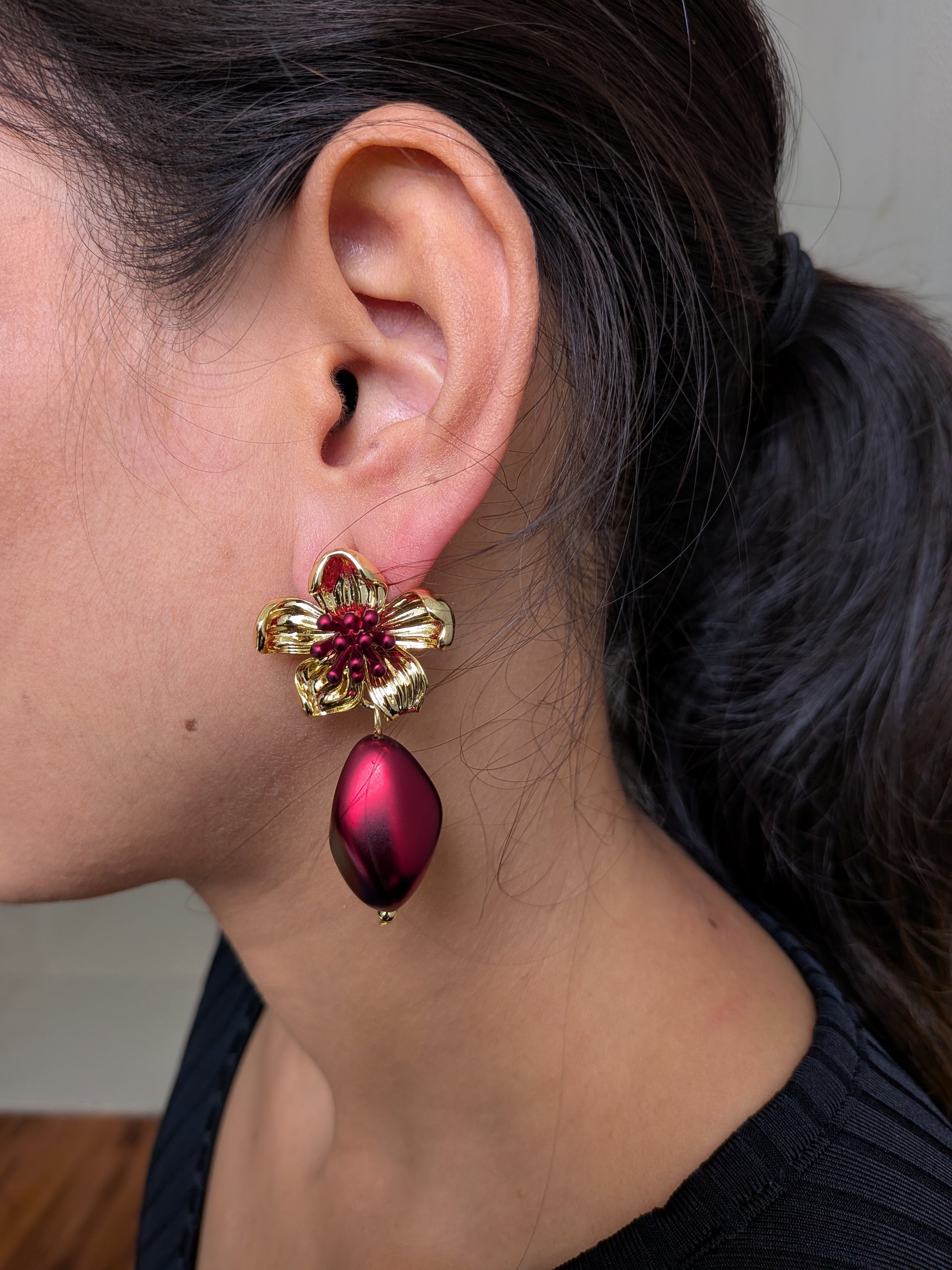 BloomBerry Drop Earrings – gold floral earrings with rich berry-tone matte drops
