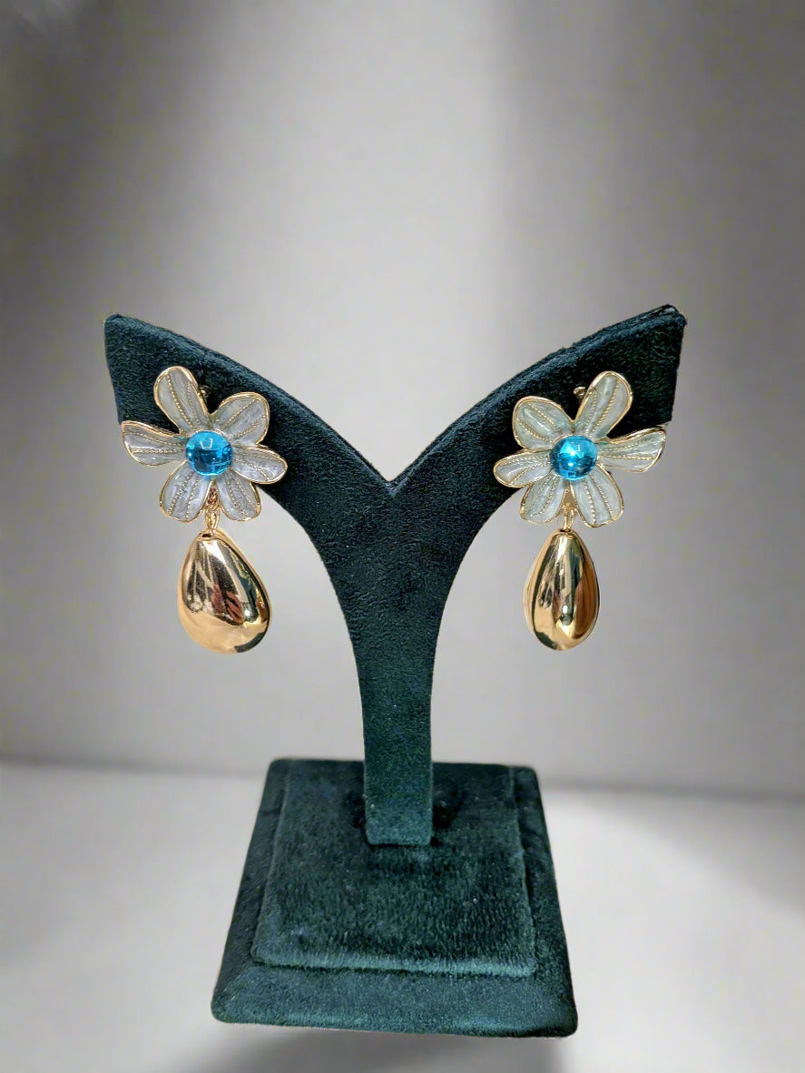 AzurePetal Bloom Drops – pearlescent petal earrings with blue gem and gold-tone droplet charms