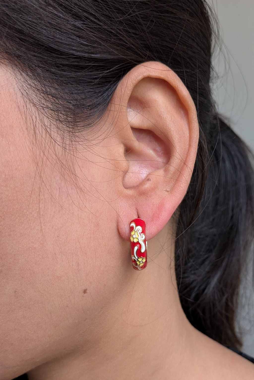 Garden Enamel Hoop Earrings – floral hand-painted earrings on glossy gold hoops