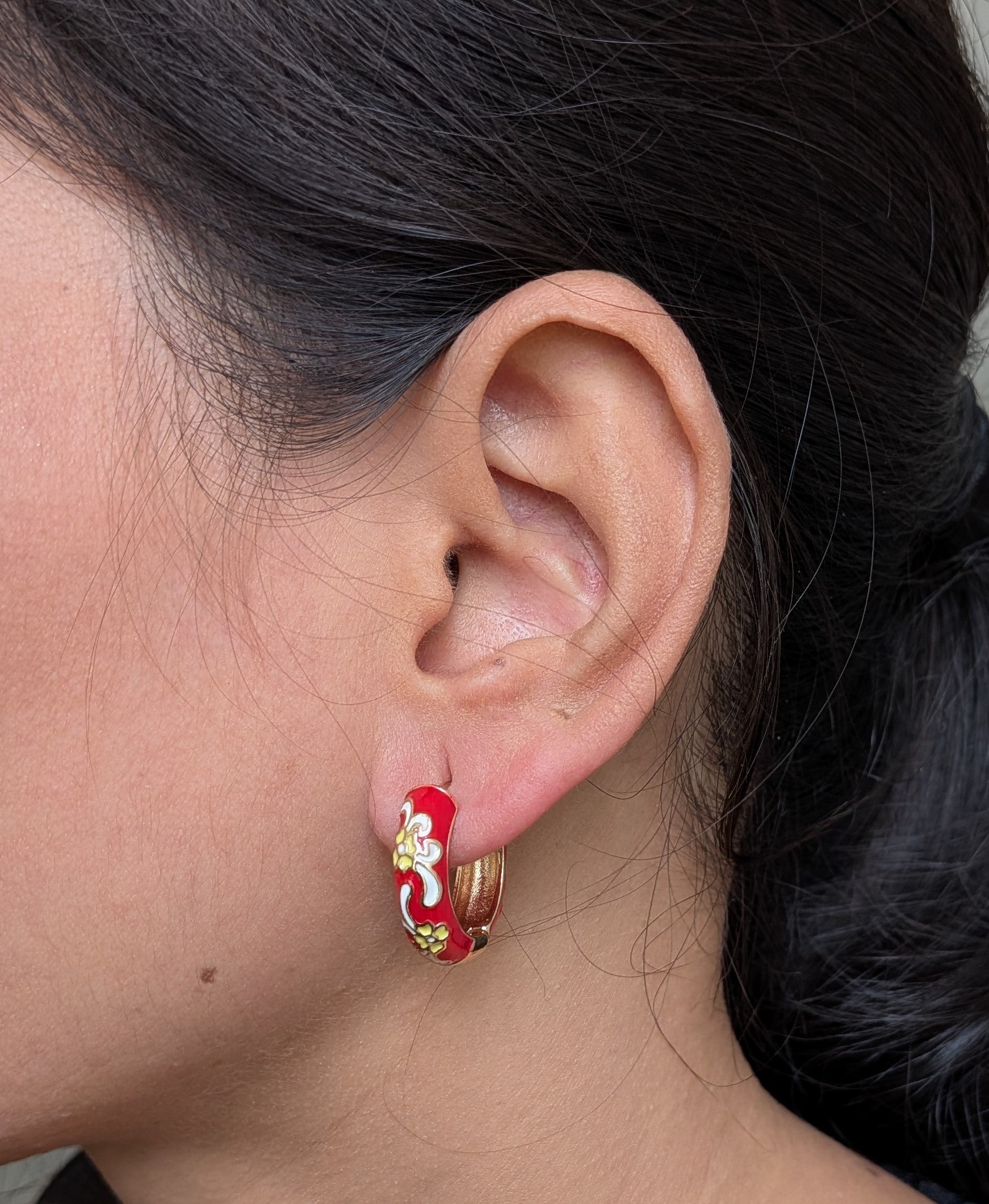 Garden Enamel Hoop Earrings – floral hand-painted earrings on glossy gold hoops