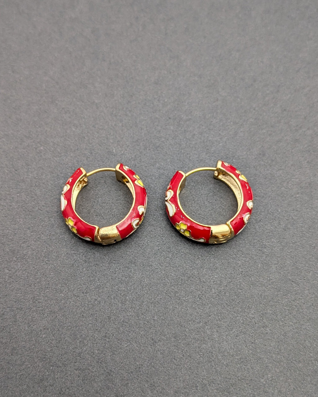 Garden Enamel Hoop Earrings – floral hand-painted earrings on glossy gold hoops