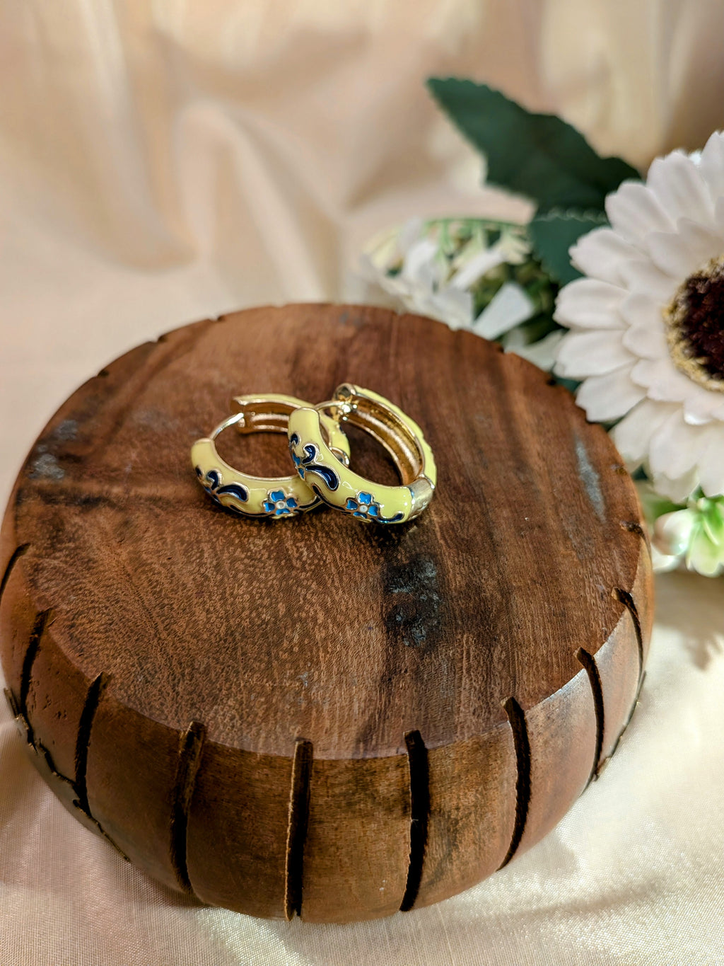 Garden Enamel Hoop Earrings – floral hand-painted earrings on glossy gold hoops