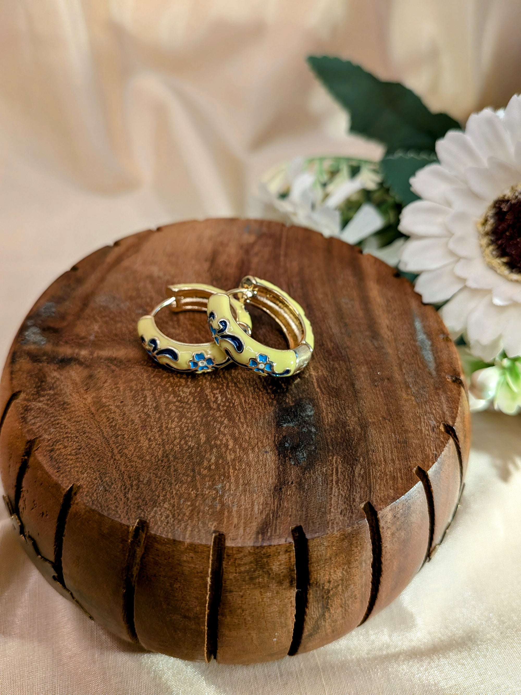 Garden Enamel Hoop Earrings – floral hand-painted earrings on glossy gold hoops