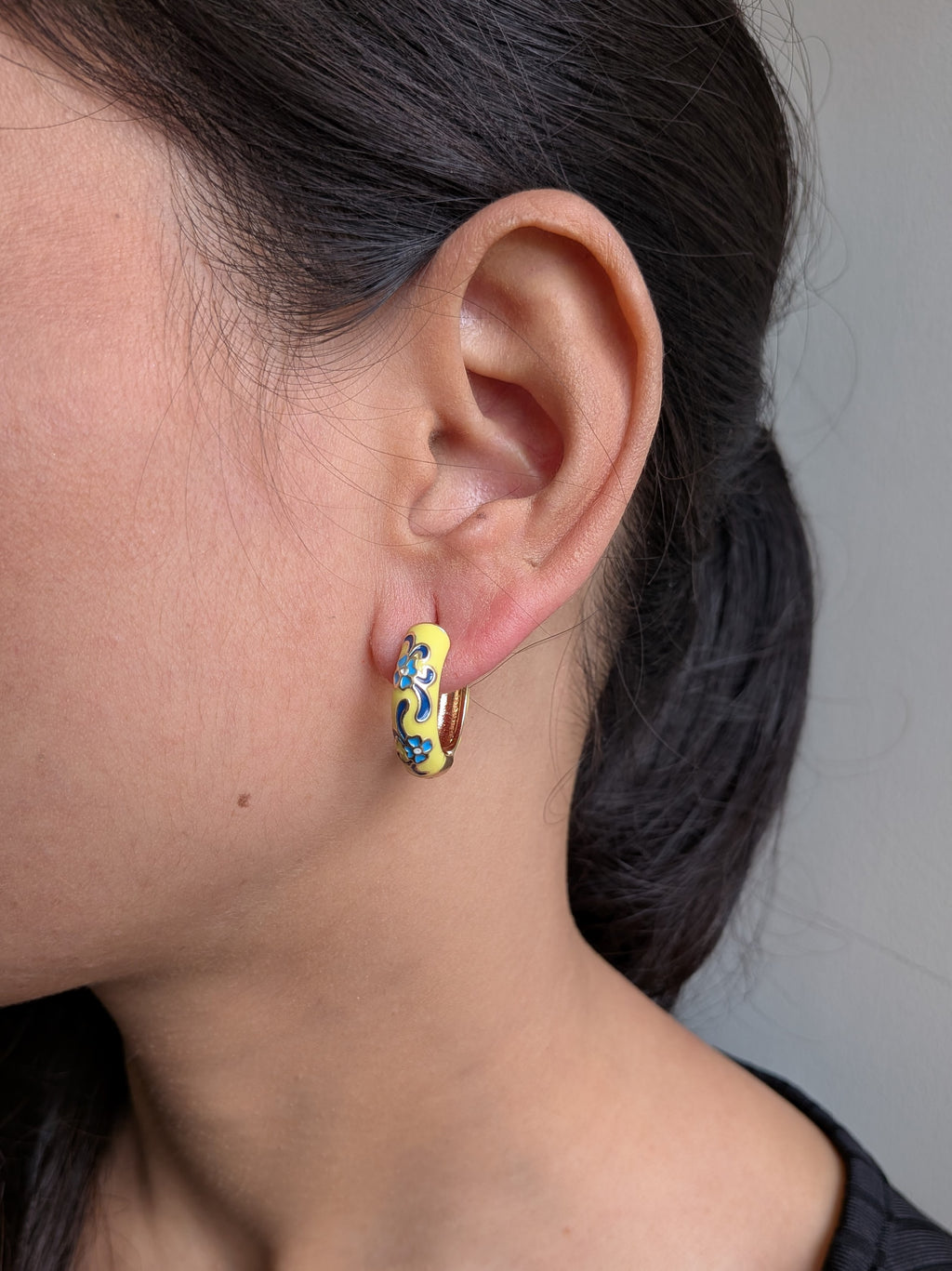 Garden Enamel Hoop Earrings – floral hand-painted earrings on glossy gold hoops