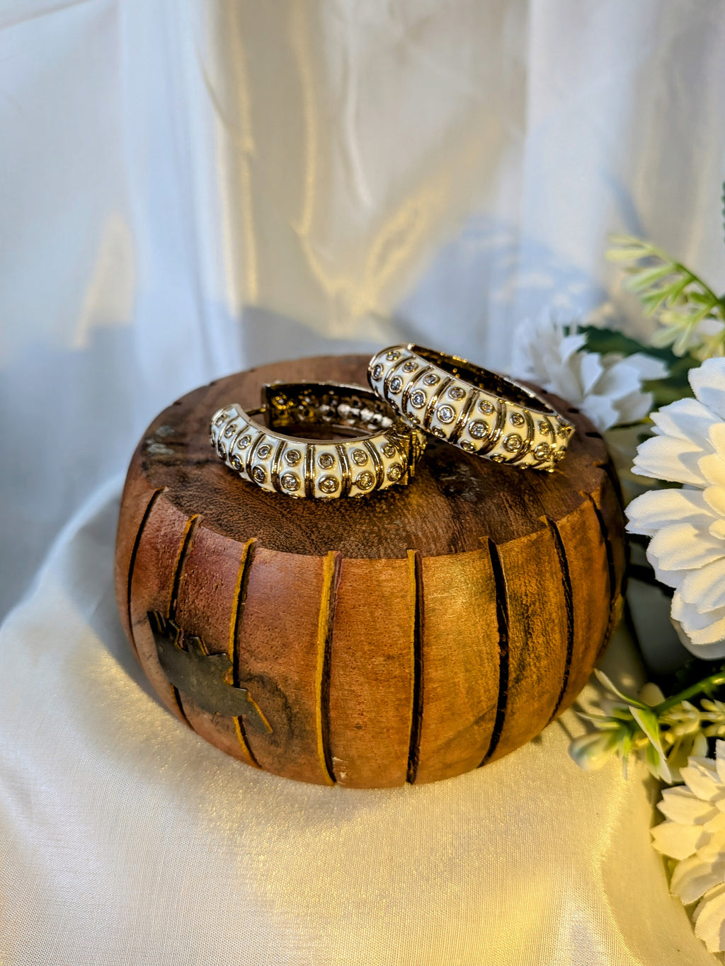 Carved Heritage Hoops – engraved floral hoop earrings with stone embellishments