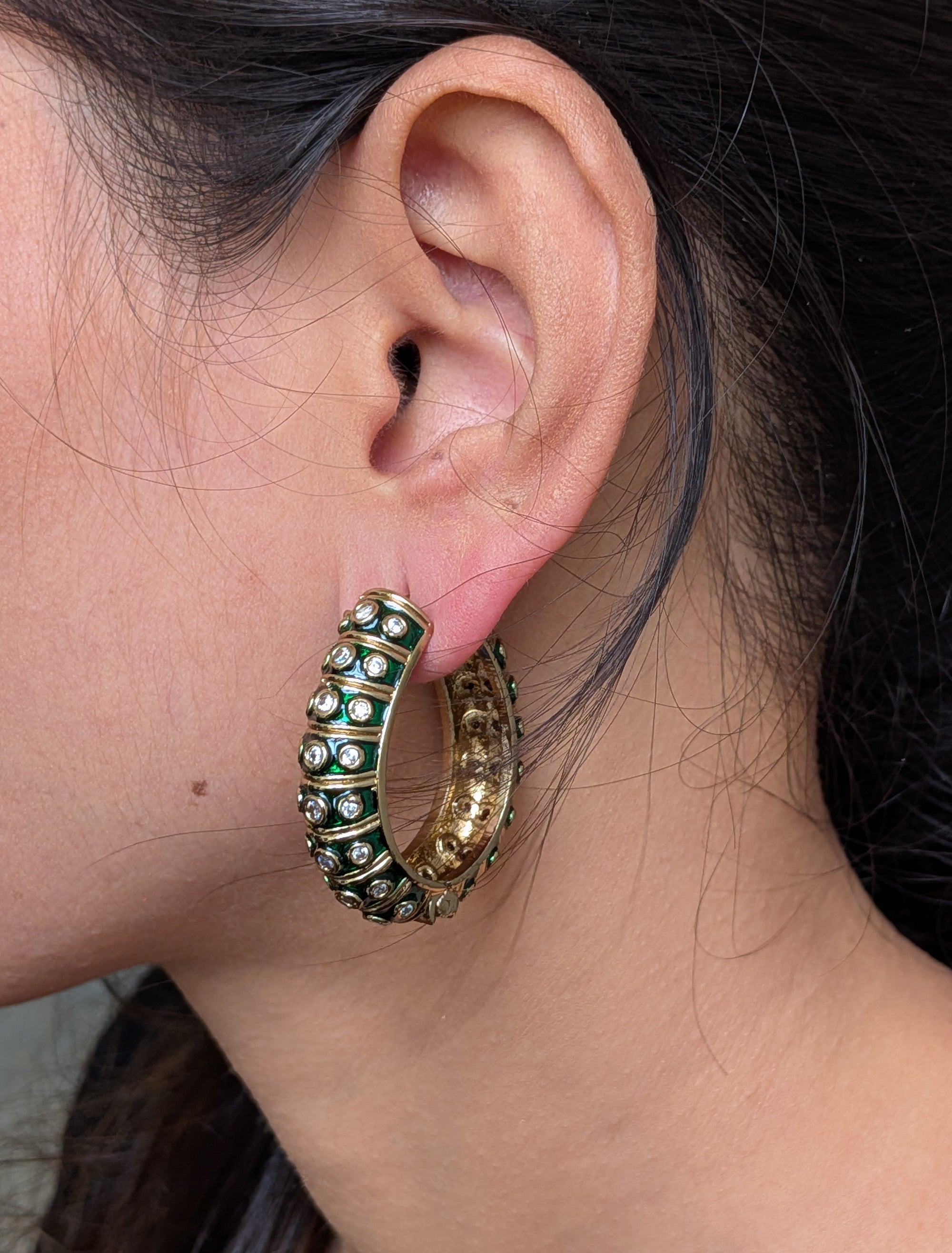 Carved Heritage Hoops – engraved floral hoop earrings with stone embellishments