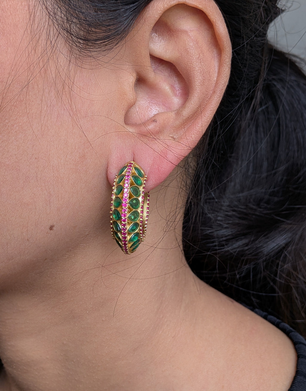 Peacock Mirage Hoops – gold-plated hoops with emerald teardrops and ruby-red accents