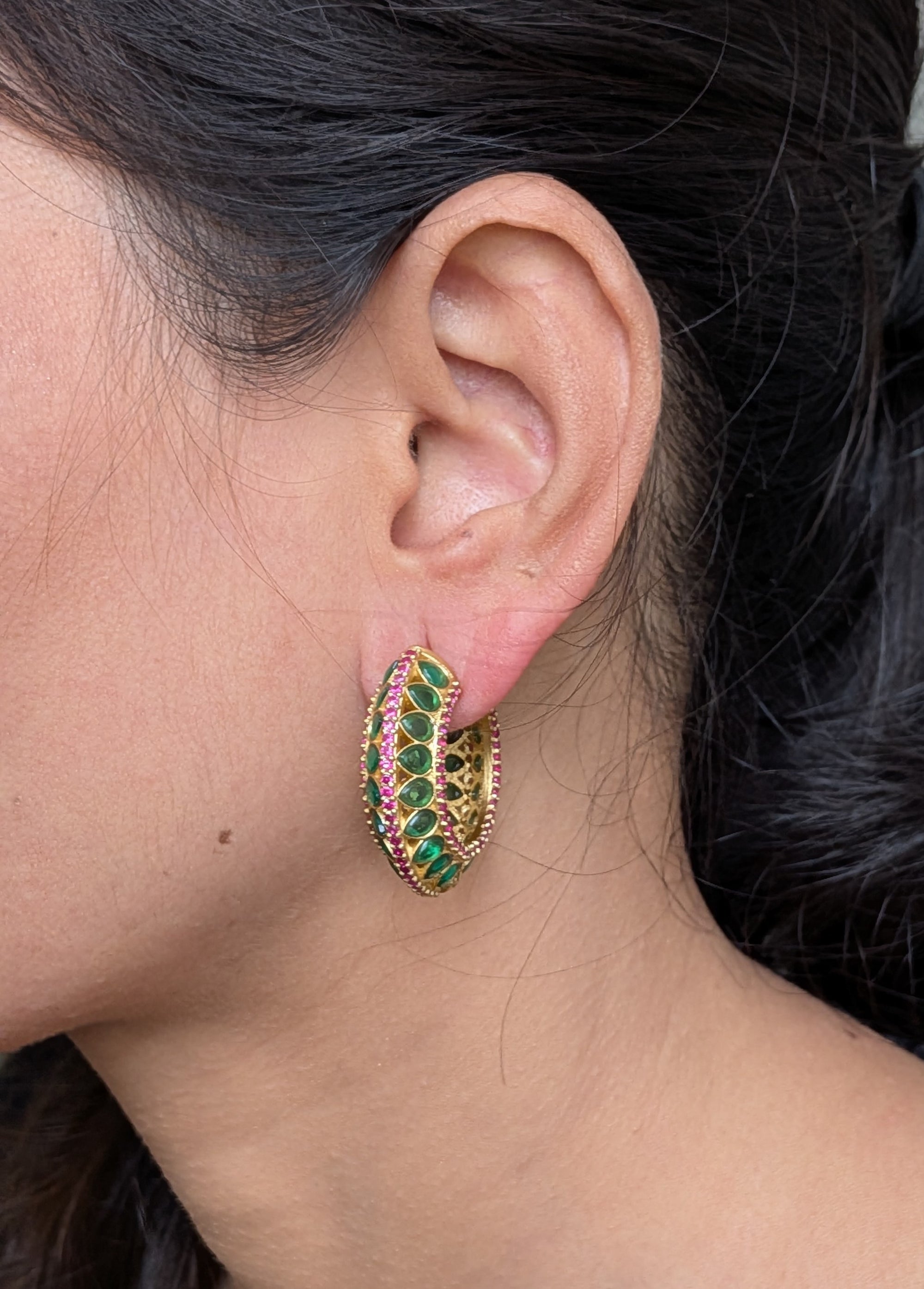Peacock Mirage Hoops – gold-plated hoops with emerald teardrops and ruby-red accents