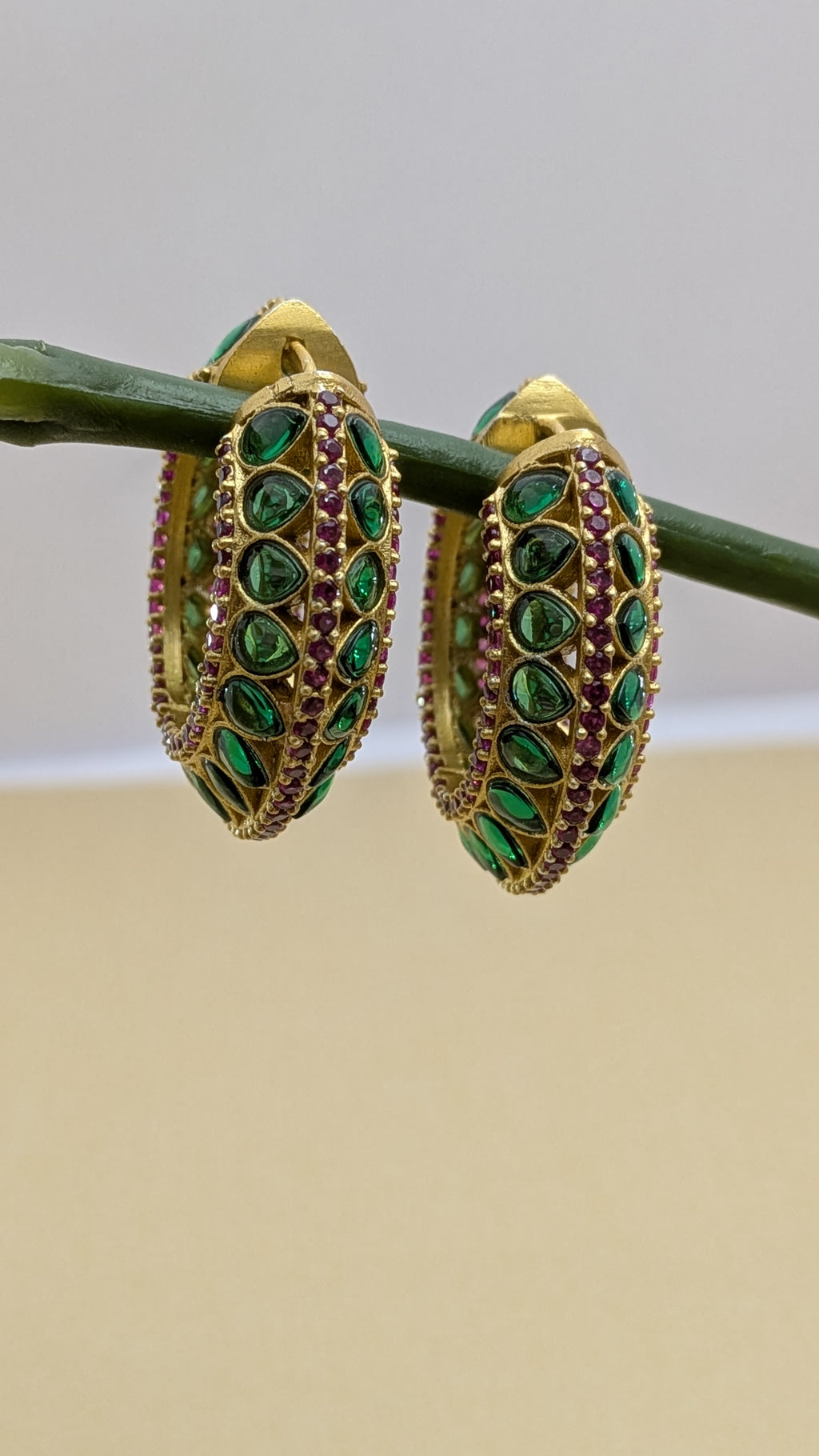 Peacock Mirage Hoops – gold-plated hoops with emerald teardrops and ruby-red accents