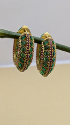 Peacock Mirage Hoops – gold-plated hoops with emerald teardrops and ruby-red accents
