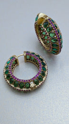 Peacock Mirage Hoops – gold-plated hoops with emerald teardrops and ruby-red accents