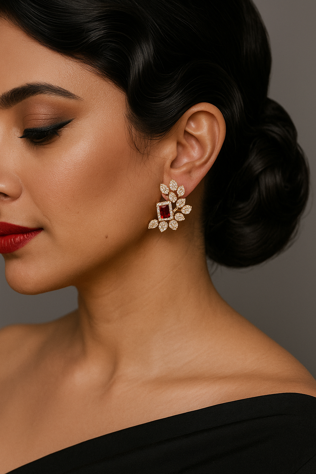 Regalia Bloom Studs – emerald-cut white stone stud surrounded by zirconia halo in gold setting