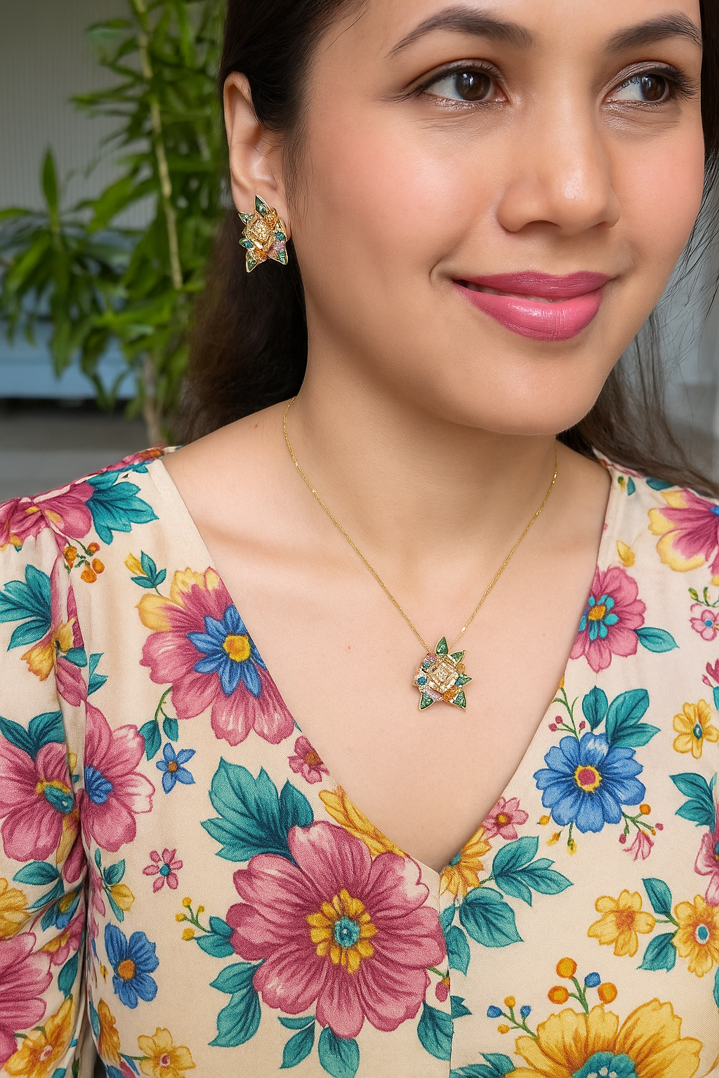 Garden Gleam Pendant Set – enameled leaves and cubic zirconia on gold pendant