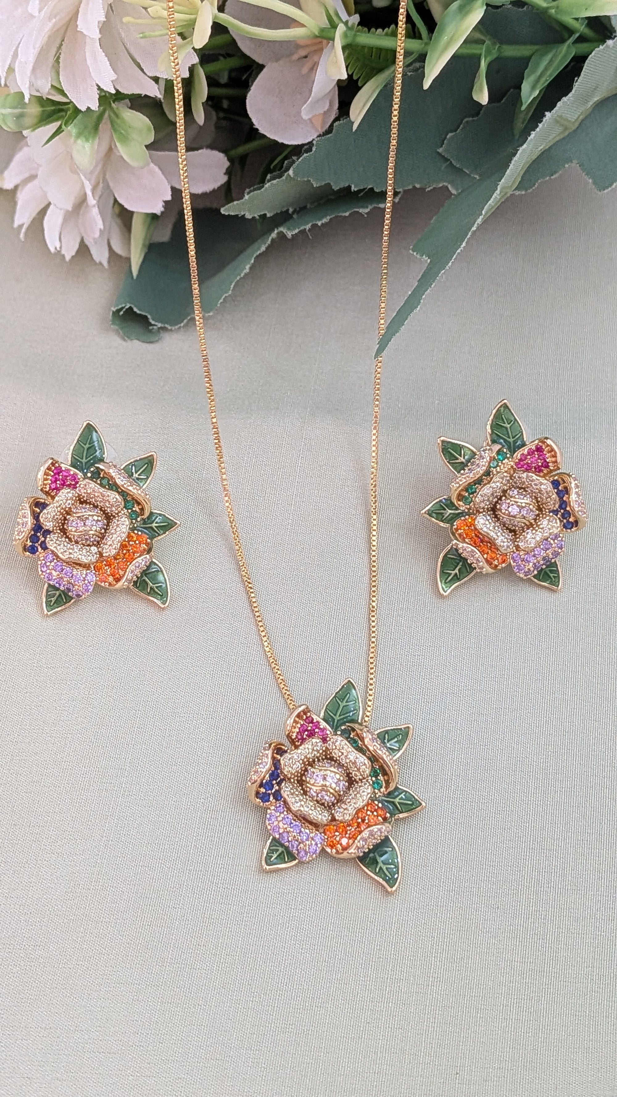 Garden Gleam Pendant Set – enameled leaves and cubic zirconia on gold pendant