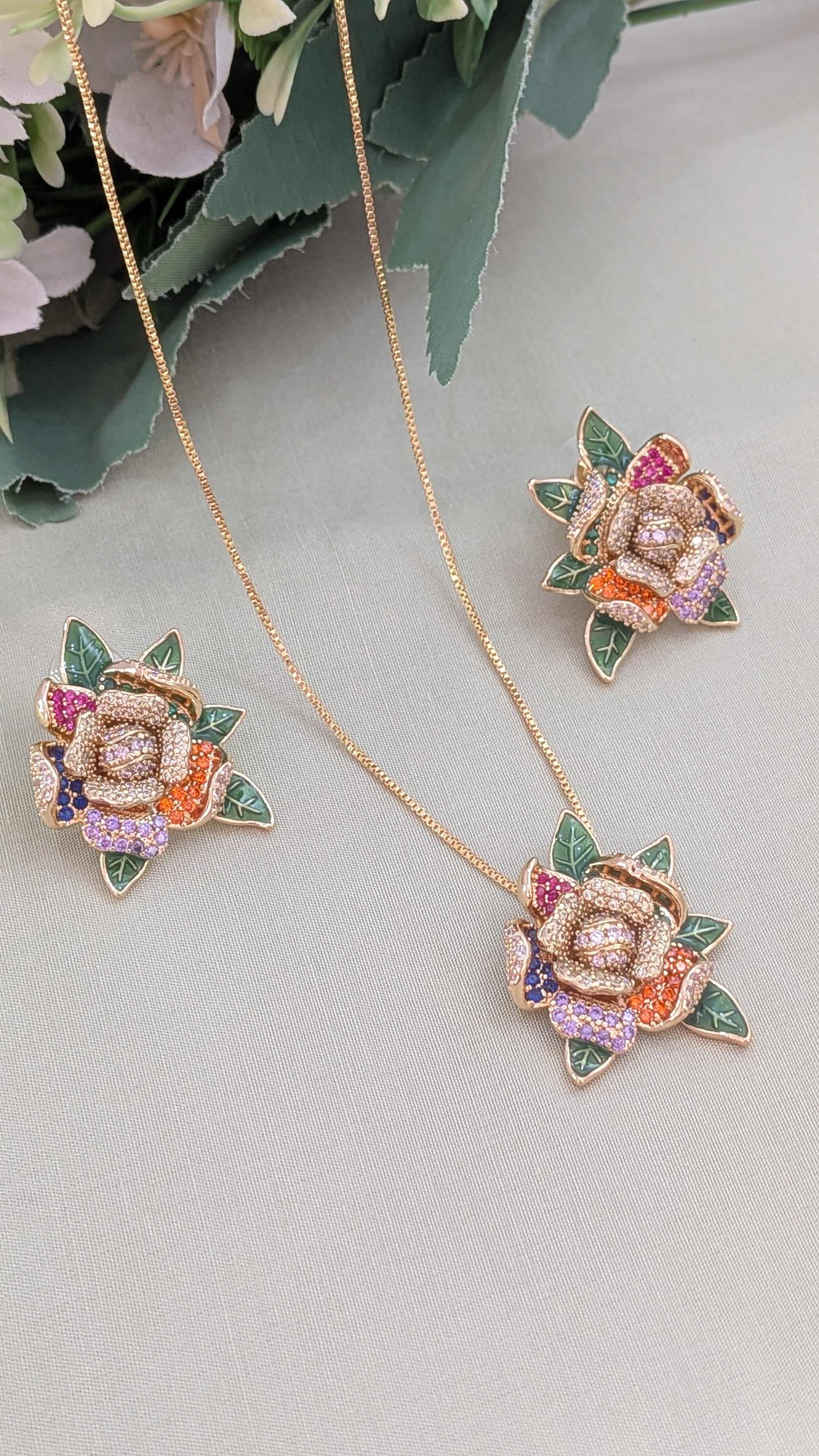 Garden Gleam Pendant Set – enameled leaves and cubic zirconia on gold pendant