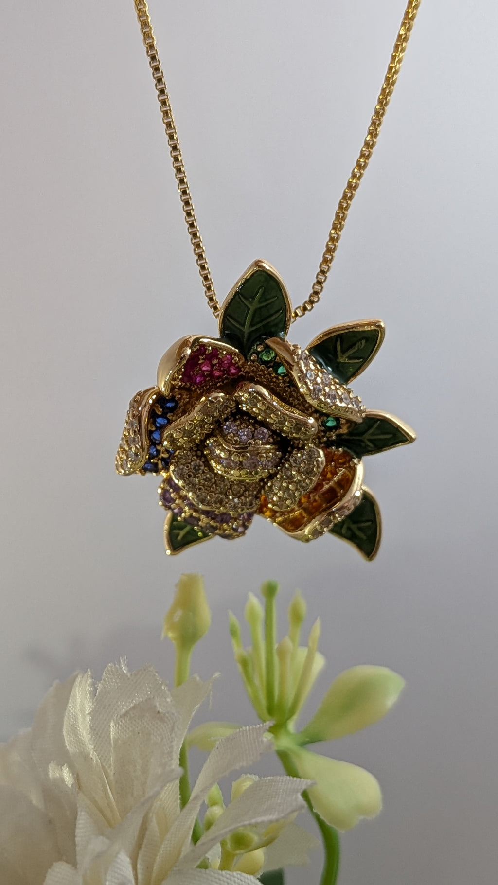 Garden Gleam Pendant Set – enameled leaves and cubic zirconia on gold pendant