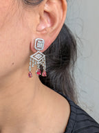 Cascade Luxe Drops – dangling earrings with baguette chain tassels and ruby-pink or black onyx drops