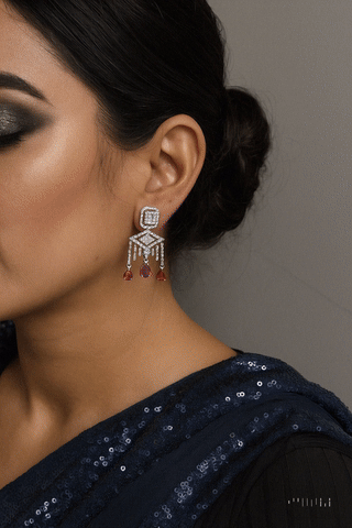 Cascade Luxe Drops – dangling earrings with baguette chain tassels and ruby-pink or black onyx drops