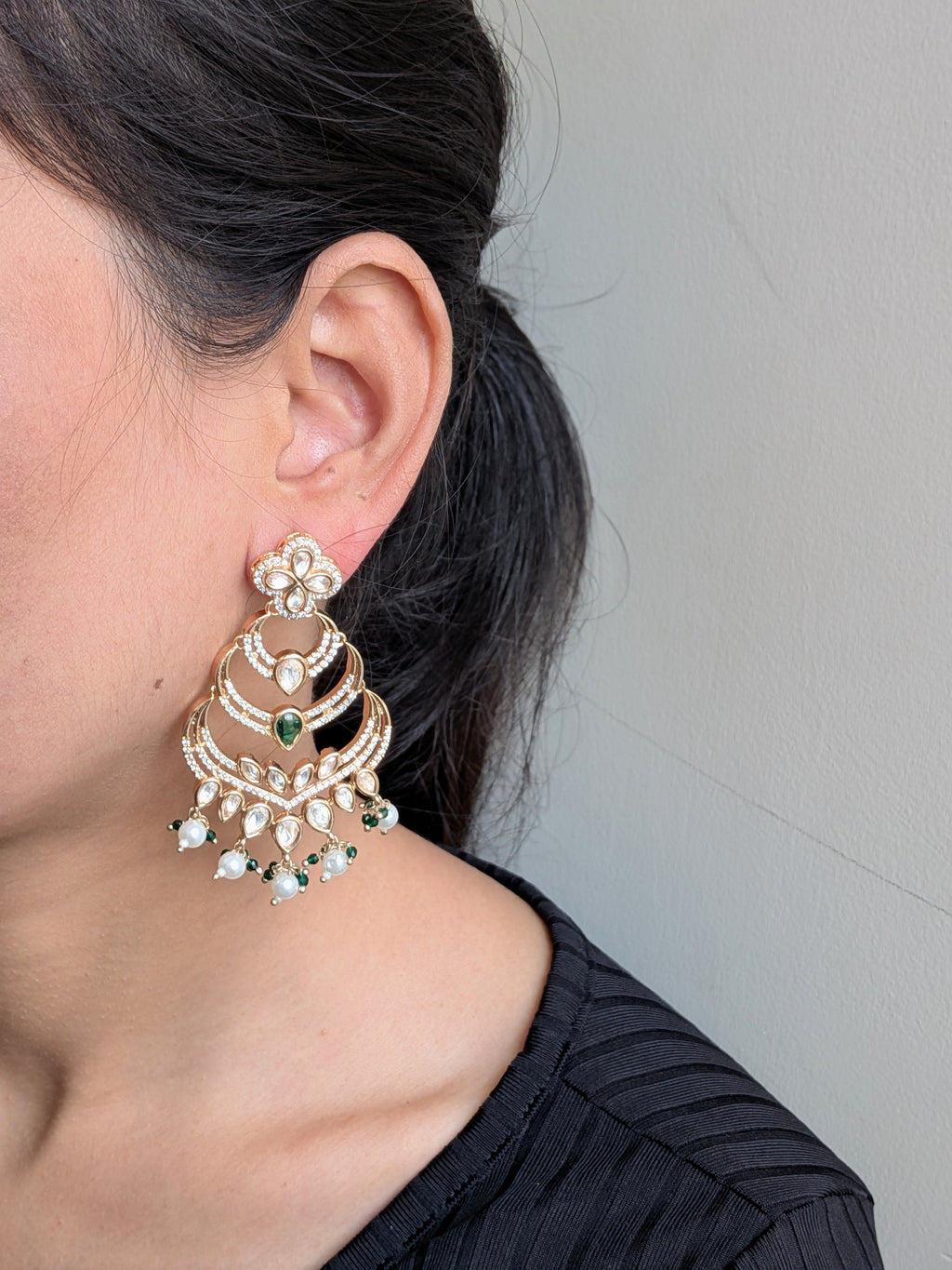 Sitara Chandbalis – chandbali earrings with emerald teardrops, zircon layers, and pearl danglers