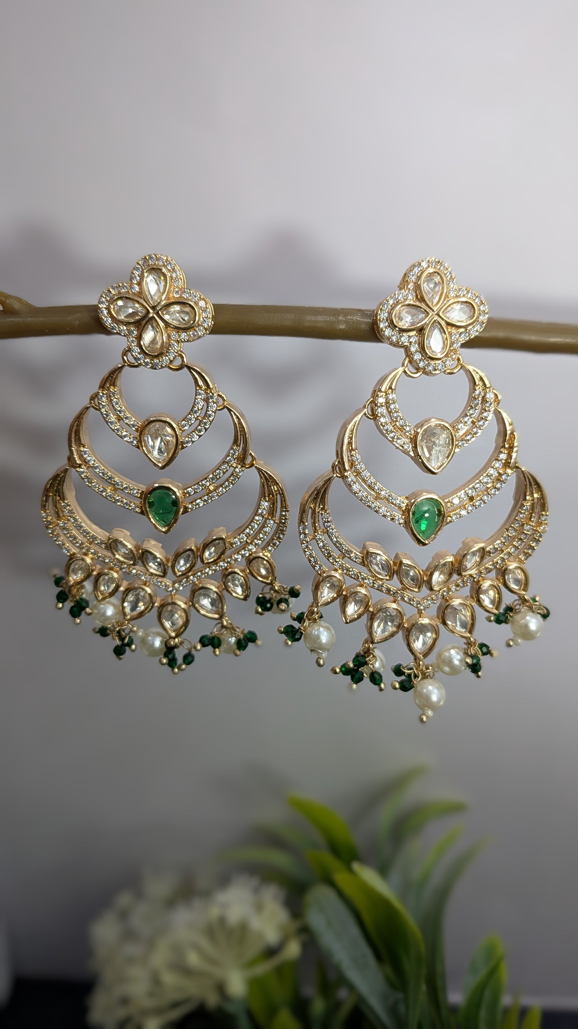 Sitara Chandbalis – chandbali earrings with emerald teardrops, zircon layers, and pearl danglers
