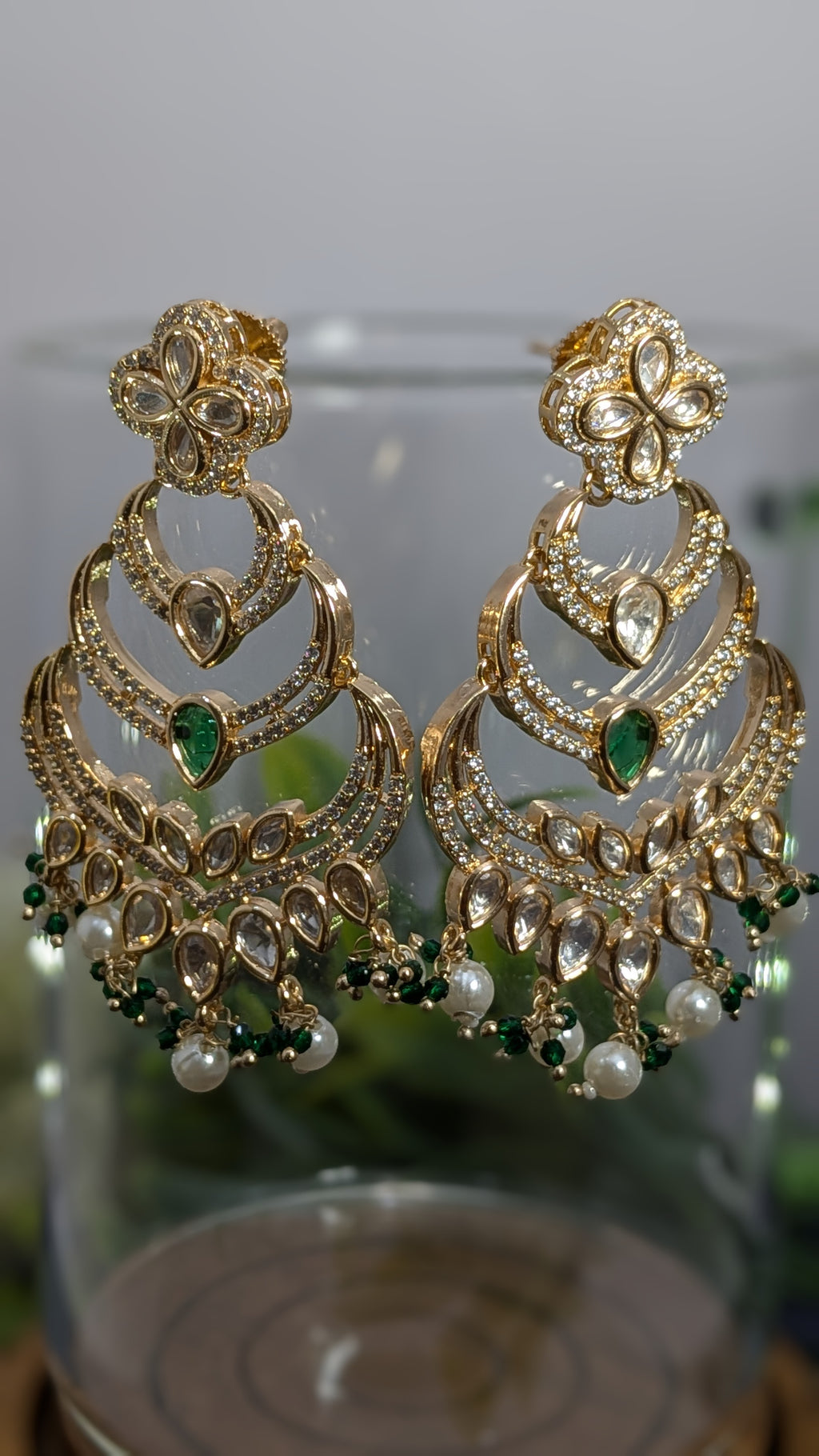 Sitara Chandbalis – chandbali earrings with emerald teardrops, zircon layers, and pearl danglers