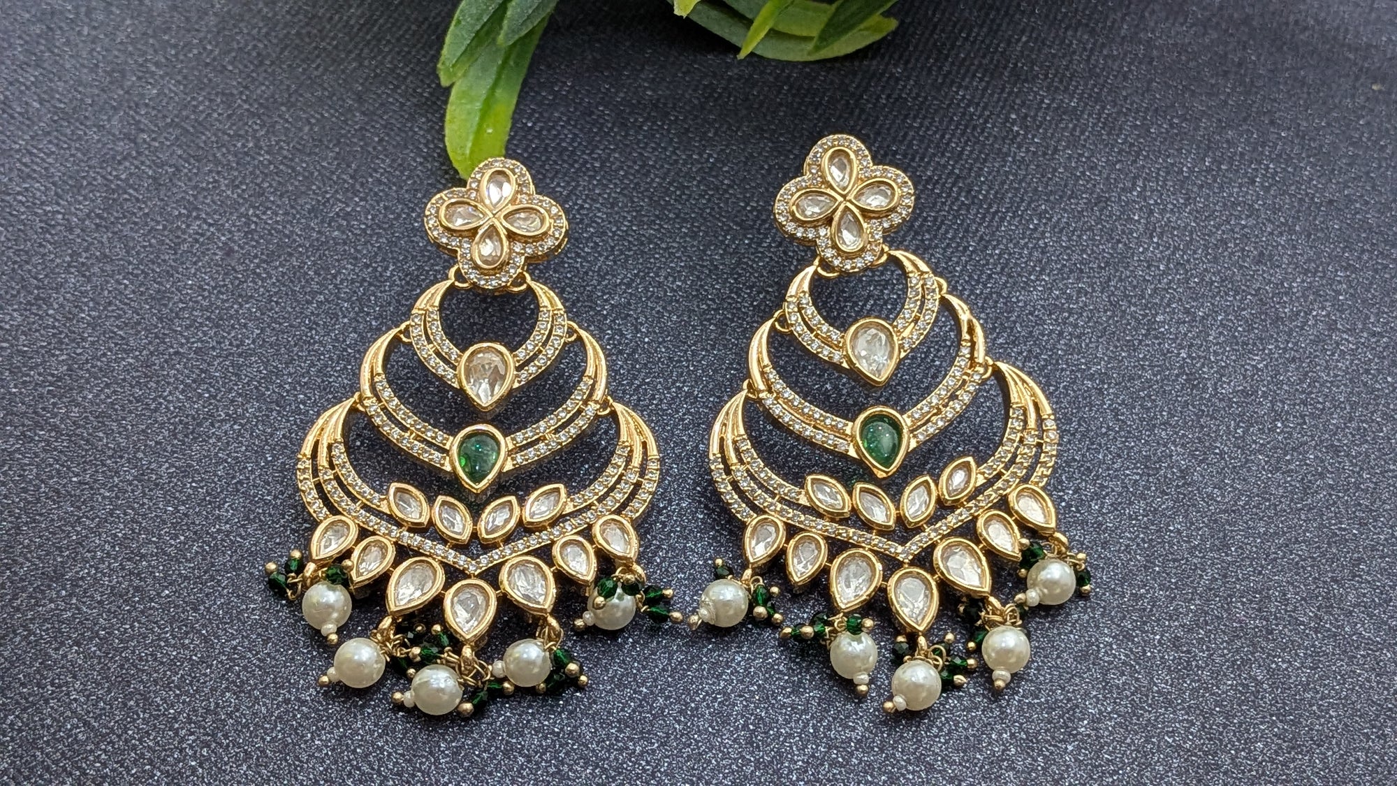 Sitara Chandbalis – chandbali earrings with emerald teardrops, zircon layers, and pearl danglers