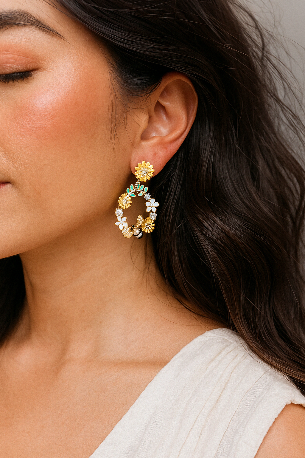Blossom Buzz Earrings – hoop earrings with yellow daisies, white flowers and bee motifs